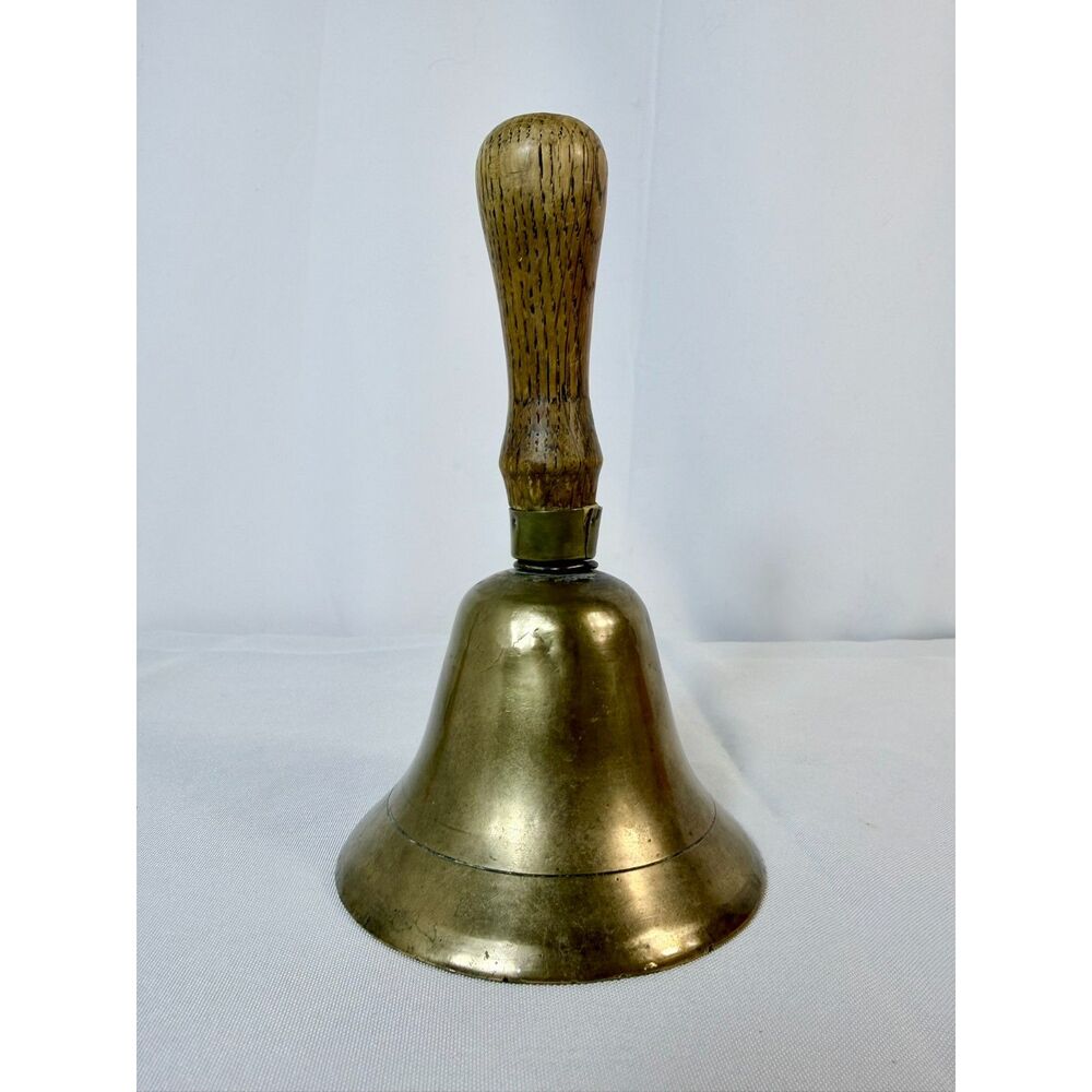 Antique Brass Hand Bell 7" Town Crier School Bell Wood Handle READ